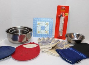 lot 178 image: Kitchen EssentialsStainless Steel Mixing Bowls, Oven Mitts Etc