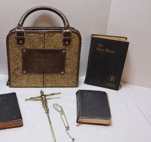 lot 110 image: Religious & Spiritual Items including, Rosary, Bibles, Crucifix and Guardian Angels Bible Book Bag Purse