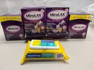 Lot Of 4 Boxes NEW MiraLAX Mix-In Pax Osmotic Laxative and Preparation H Medicated Hemorrhoidal Wipes with Witch Hazel