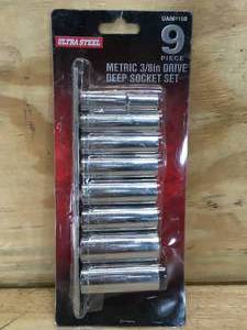 lot 84 image: Ultra Steel 9 Piece Metric 38 Drive Deep Socket Set Model # UA06115B