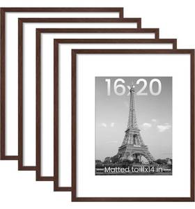 lot 34 image: UPSIMPLES 16x20 Picture Frame Set of 5, Display Pictures 11x14 with Mat or 16x20 Without Mat, Wall Gallery Poster Frames, Brown