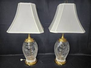 lot 47 image: Pair of Vintage Dresden Cut Glass and Brass Table Lamps - 28 Tall