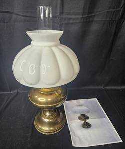 lot 73 image: Antique Vintage Brass Hurricane Lamp with White Glass Shade