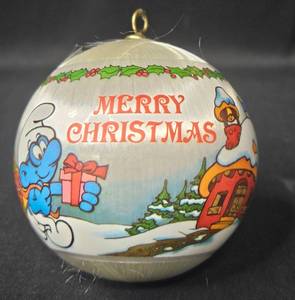 lot 75 image: Vintage 1980s Smurf Christmas Silk Ball Tree Ornament - Teacher Theme