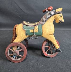 lot 87 image: Vintage Wooden Toy Horse Figurine on Wheels