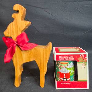 lot 51 image: Wooden Reindeer Decoration with Holiday Mug - 12 oz