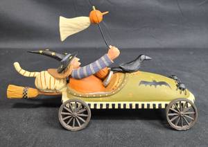 lot 115 image: Hand Painted Halloween Decor Witch on Broomstick with Black Cat - Williraye Studio 2005