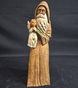 lot 123 image: EFY Hand-Carved Wooden Christmas Figure of Santa with Angel - 2000