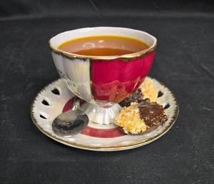 lot 63 image: Imperial Japan Design Vintage Tea Cup w Attached Spoon, Saucer & Cookies Set
