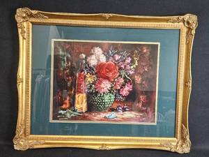 lot 167 image: Framed Floral Painting by Artist Basso in Gold Tone Frame - 17 x 13