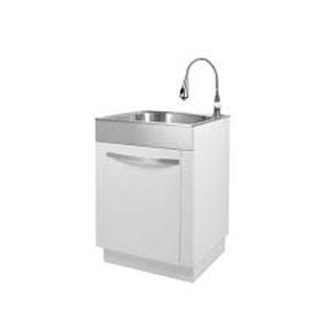 Glacier Bay 24 in. W x 21 in. D x 34 in. L Stainless Steel Apron-Front LaundryUtility Sink with Faucet and Cabinet in White  Customer Returns See Pictures