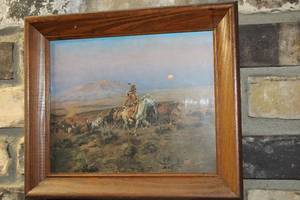 lot 16 image: Framed Vintage Western Landscape Painting Featuring Cowboy and Cattle