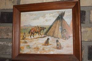 lot A-18 image: Framed Vintage Native American Artwork Featuring Teepee and Horse Scene