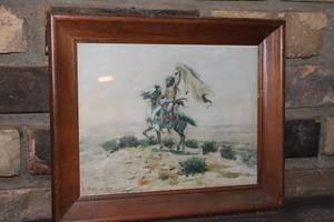 lot A-19 image: Framed Vintage Artwork of Native American Mounted Figure with Flag (Signed 1901)