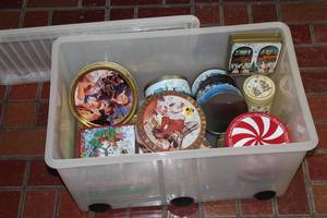 lot 20 image: Collection of Decorative Holiday Tins in Storage Container