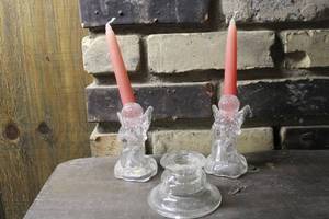 lot 26 image: Set of 2 Vintage Glass Angel Candle Holders with Pink Candles