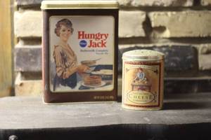 lot 29 image: Vintage Hungry Jack Buttermilk Complete Pancake Mix and Parmesan Romano Cheese Container