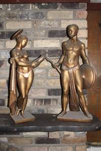 lot 33 image: Pair of Vintage Bronze-colored Statues - Warrior and Muse