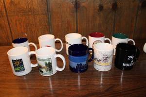 lot 57 image: Collection of 10 Vintage Mugs Featuring Various Designs