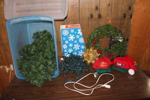 lot 60 image: Mixed Lot of Holiday Decorations Including Wreath, Lights, and Hats