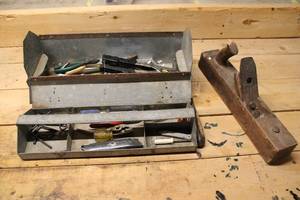 lot 69 image: Vintage Toolbox with Assorted Hand Tools including Woodworking Plane