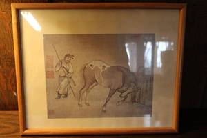 lot A-83 image: Framed Japanese Art Print of a Man and a Cow