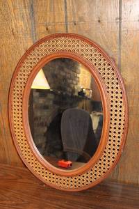 lot 88 image: Vintage Oval Mirror with Woven Rattan Frame