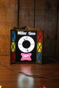 lot 122 image: Vintage Miller Time Neon Wall Clock with Colorful Panels