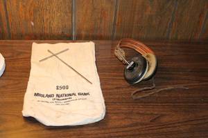 lot 148 image: Vintage Midland National Bank Canvas Bag with Antique Headphones and Metal Device