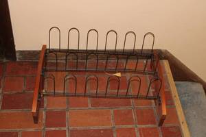 lot 164 image: Vintage Wooden and Metal Magazine Rack with Multiple Slots