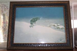 lot 196 image: Framed Vintage Winter Landscape Art featuring a Wolf