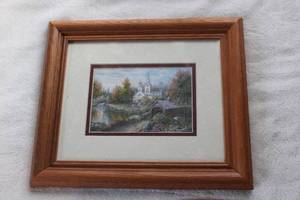 lot 204 image: Framed Artwork Print of a Scenic Landscape with Church and Bridge