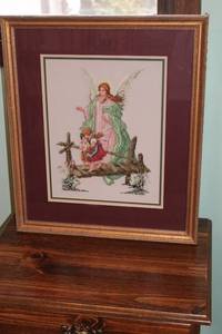 lot 206 image: Framed Cross Stitch Artwork Featuring Angel with Children