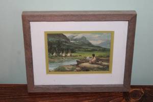 lot 207 image: Framed Artwork of Native American Scene with Landscape