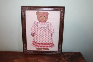 lot 208 image: Vintage Framed Cross-Stitch Art of Teddy Bear in Dress