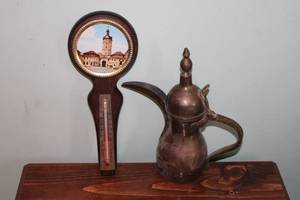lot 212 image: Vintage Wood and Metal Thermometer with Brass Coffee Pot