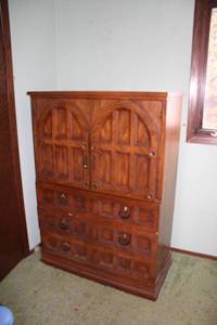 lot 214 image: Vintage Wooden Cabinet with Decorative Panels and Drawers