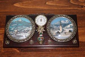 lot 215 image: Vintage Solid Wood Weather Station with Scenic Porcelain Plates