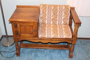 lot 240 image: Vintage Wooden Loveseat with Floral Cushion and Side Storage