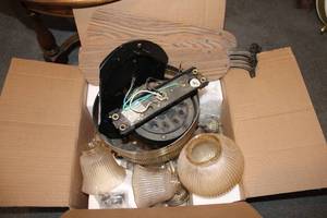 lot 259 image: Vintage Ceiling Fan with Glass Shades and Wooden Blades - Complete Set