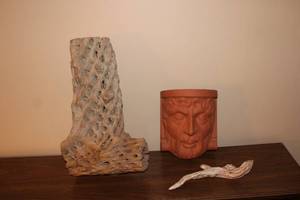 lot 271 image: Collection of Artistic Garden Decor including Stone Carving and Face Planter