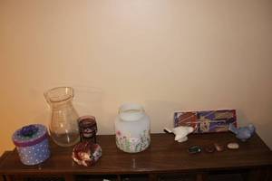 lot 272 image: Collection of Decorative Home Accents including Floral Box, Glass Vase, and Bear Figurine