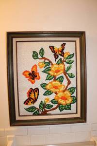 lot 286 image: Vintage Framed Needlepoint Artwork of Butterflies and Flowers