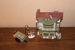 lot 289 image: Department 56 Dickens Village The Mermaid Fish Shoppe with Cart and Figure