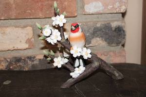 lot 323 image: Handcrafted Figurine of European Goldfinch on Blossom Tree Branch