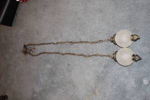 lot 362 image: Vintage Hanging Light Fixture with Two Frosted Glass Globes