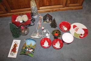 lot 365 image: Collection of Christmas Decor including Plates, Bowls, Candles, and Figurines