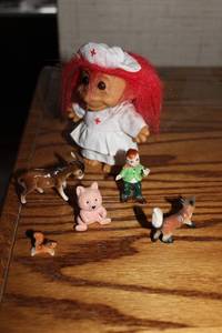 lot 371 image: Vintage Nurse Doll with Animals Set - 6 Figurines Including Fox and Piglet