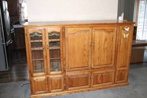 lot 380 image: Vintage Oak Storage Cabinet with Glass Panels and Adjustable Shelves