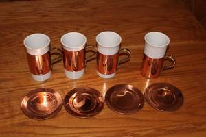 lot 435 image: Set of 4 Copper and White Ceramic Coffee Mugs with Matching Copper Saucers